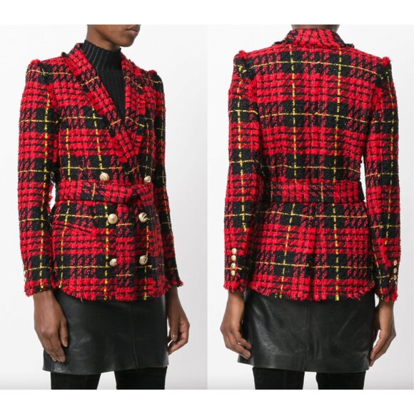 $3095 Balmain Red Black Herringbone Tweed Blazer Jacket size FR 40/8 - Picture 1 of 11